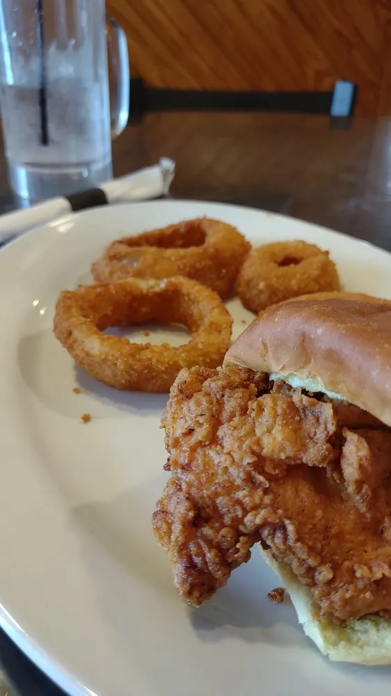 Breaded Buffalo Chicken Sandwich with Onion Rings