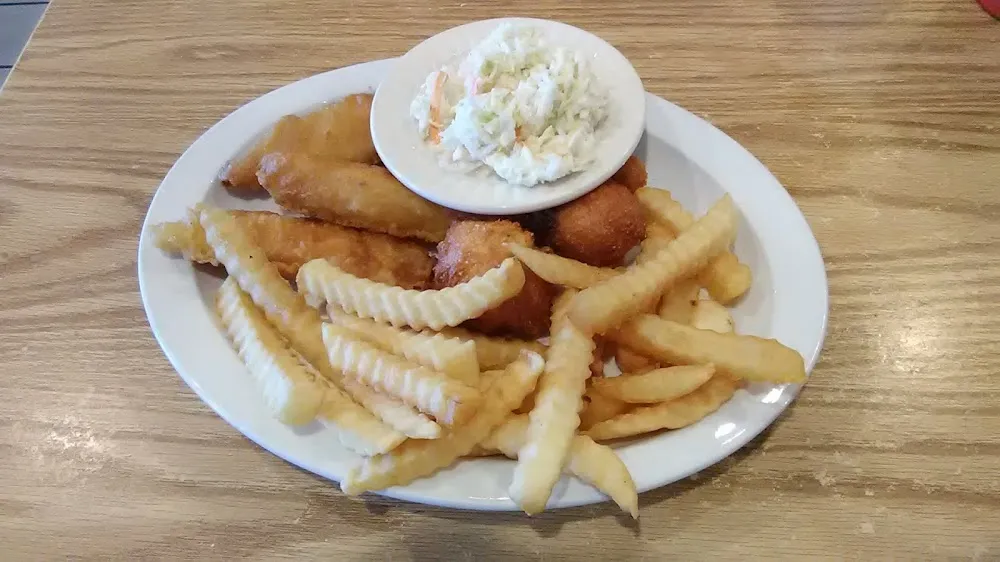 Fried Fish FF Cole Slaw and Hush Puppies